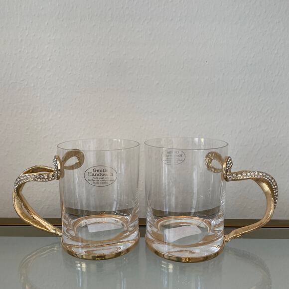 Gold & Rhinestone BOW Handle Glass Mug Coffee Tea Cup Set of 2 Glam Kitchen New - Picture 13 of 16